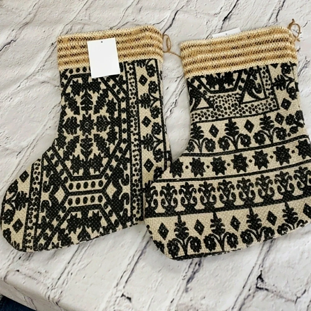 Boho NWT Christmas Stockings. Black & Cream 100% Cotton Washable Price Firm!